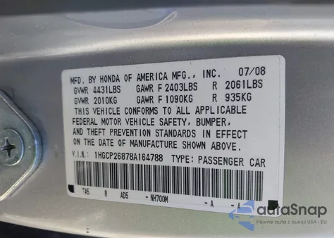 2008 Honda Accord 2.4 Ex-L из США, поврежденный, VIN 1HGCP26878A164788